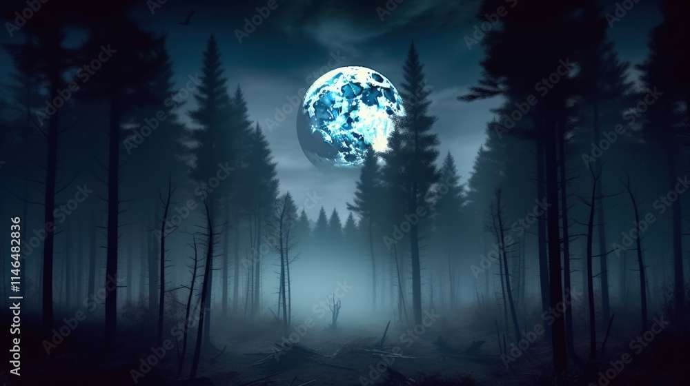 Poster enchanting night in a dark forest with a mystical full moon above, illuminating the trees and creati