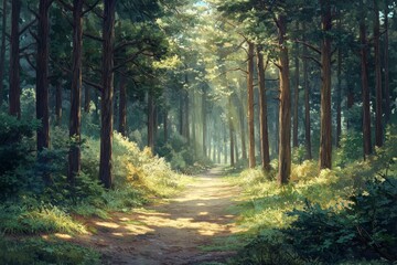 Sunlit path through a lush green forest with tall trees and shadows.