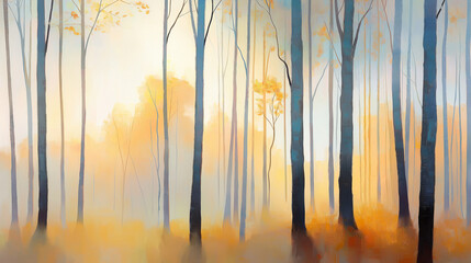 A nature scene of a calm forest clearing with sunlight streaming through tall trees , imagine oil painting, impressionist style, landscape, golden hour