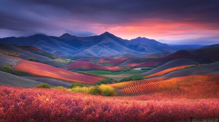 Autumnal Vineyard Landscape Under Sunset Sky