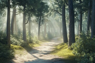 Sunlit path winding through a misty pine forest.