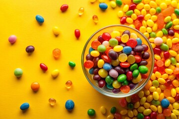 Obraz premium Colorful Jelly Beans, Yellow Background, Minimalist Candy Photography, Top View