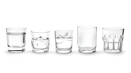 set of Glasses of water isolated on white background Many glasses of fresh water on white background