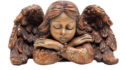Angel figurine with detailed wings and serene expression, isolated on white