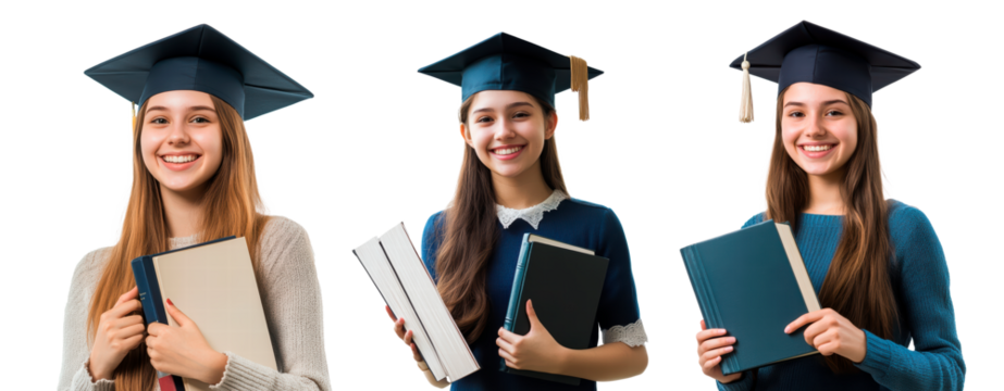 Set of portrait of a smiling young female college student wearing square academic cap and holding book on transparent background PNG 