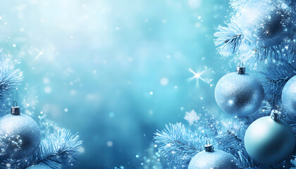 Blue Christmas ornaments adorn frosted pine branches