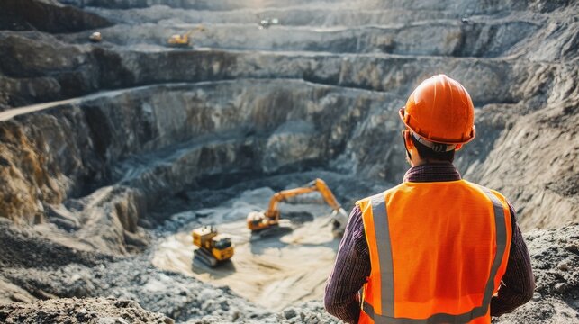 Mining engineer overlooking large quarry with heavy machinery.