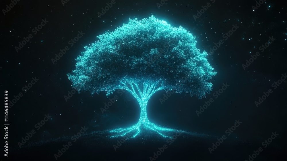 Poster illuminated life tree symbolizing morality and equality digital art dark environment conceptual view