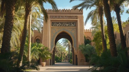 Fototapeta premium A mosque gate with engraved calligraphy and a dramatic entrance arch, framed by palm trees 