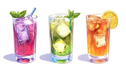 Glasses of fruit drinks on white background 