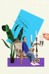 Vertical poster image collage of happy pensioner woman sit chair victorian style candlestick flower...