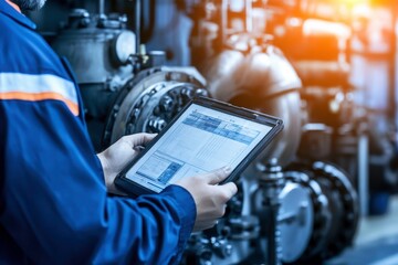 A worker using a tablet to monitor machinery in an industrial setting.