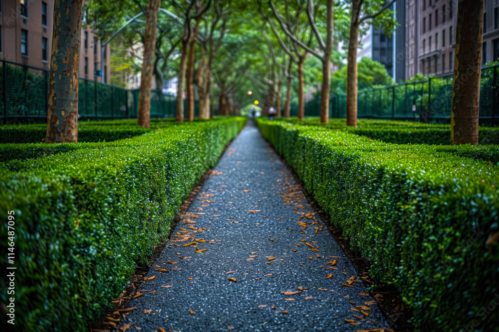 Poster lush green hedges create a serene pathway in an urban park filled with trees and tranquility at twil