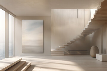 Obraz premium Modern minimalist interior design featuring natural light and simple geometry in a coastal setting. Generative AI