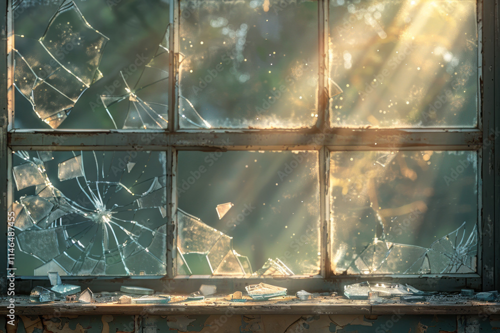 Aufkleber sunlight streams through a shattered window illuminating broken glass and debris in an abandoned bui
