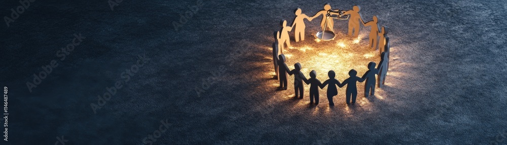 Poster unity amongst diversity figures holding hands around a glowing scale symbolizing balance and harmony