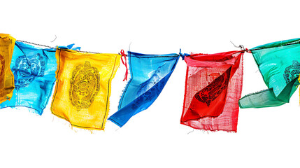 Colorful Tibetan prayer flags fluttering, isolated on white, cut out 