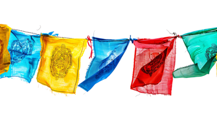 Colorful Tibetan prayer flags fluttering, isolated on white, cut out 