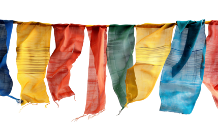 Colorful Tibetan prayer flags fluttering, isolated on white, cut out 