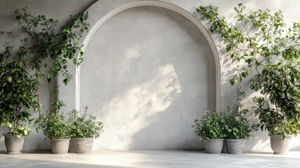 Grey Wall Archway Decorated With Potted Plants