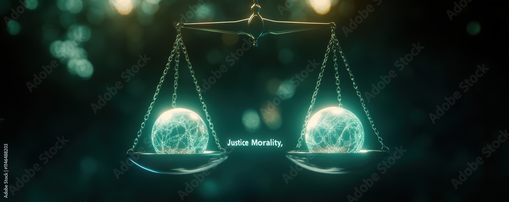 Poster futuristic robotics balancing glowing spheres in a high-tech lab environment conceptualizing justice