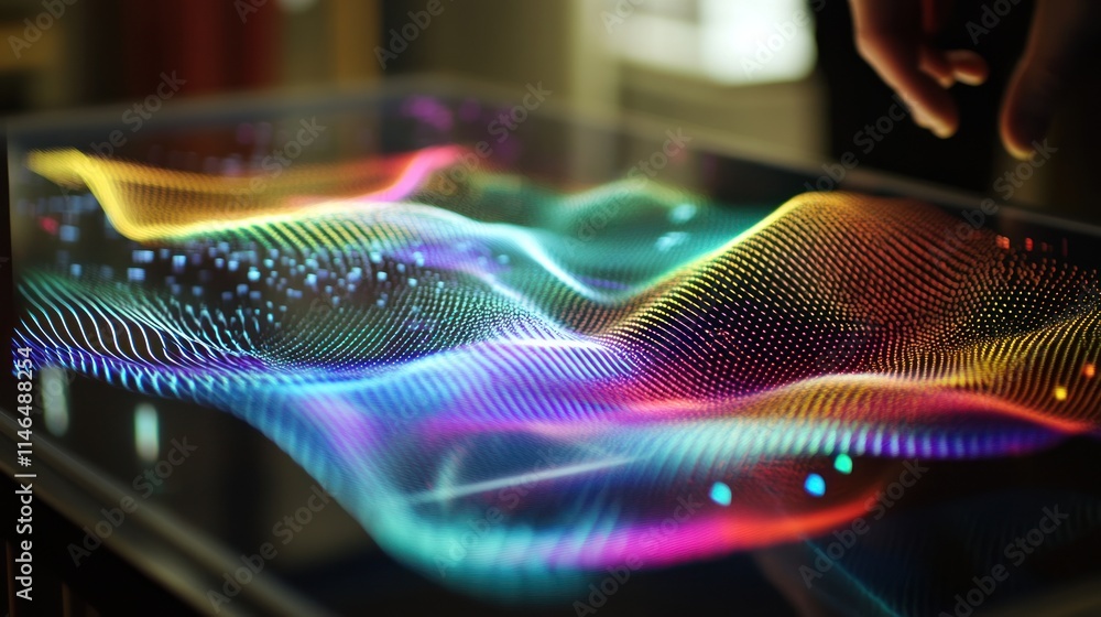 Poster colorful digital wave patterns displayed on a touchscreen interface.