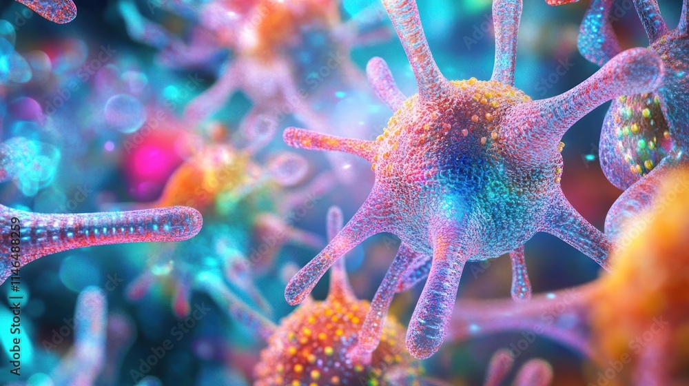 Poster colorful depiction of microorganisms, showcasing their intricate structures and details.