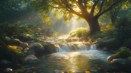 Sunlit Waterfall in Forest Illustration