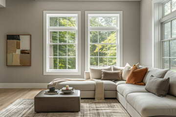 Cozy modern living room with natural light and minimalist decor in a serene setting. Generative AI