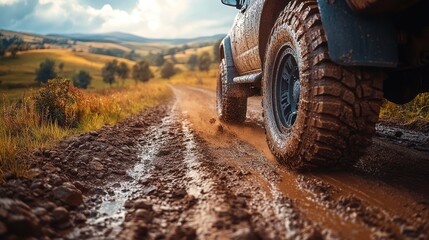 Mud-splattered off-road vehicle tire driving on a dirt road.