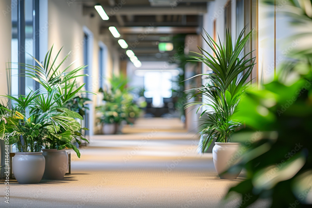 Poster green plants line a modern office corridor, creating a fresh and inviting atmosphere in the workspac