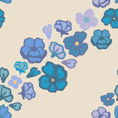 Pattern with nice blue flowers. Interesting stripes, hand draw with texture. Vector.