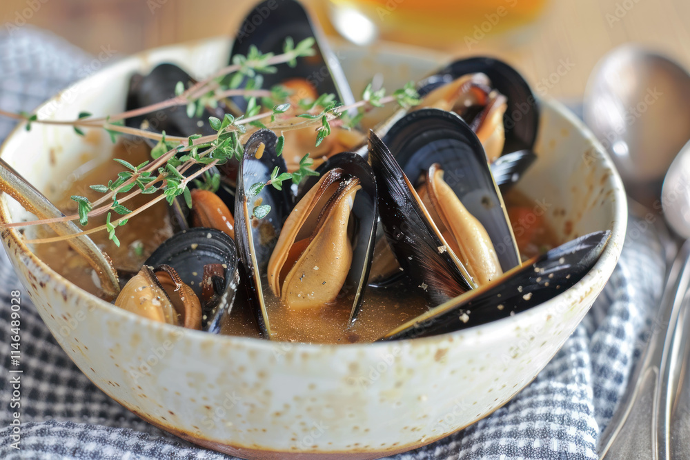 Poster fresh mussels in broth garnished with thyme served in a rustic bowl on a checkered tablecloth. gener