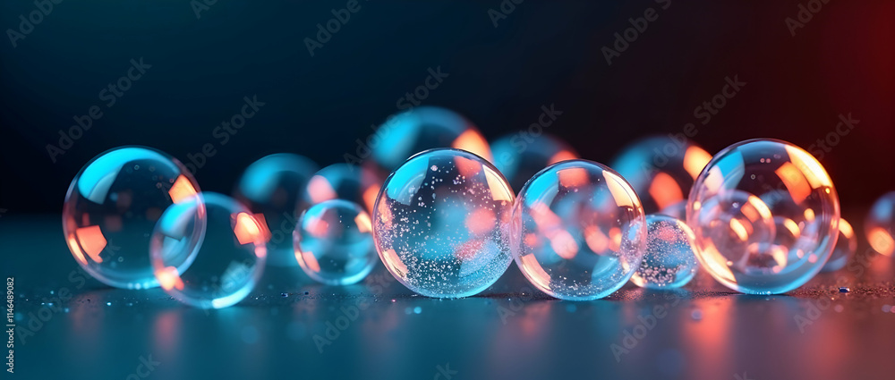 Poster enchanted spheres shimmer with neon glow, creating a mesmerizing display of light and form. a captiv