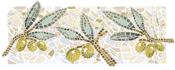 Green olives banner mosaic, free hand draw. Vector, isolated, wonderful pastel colors.