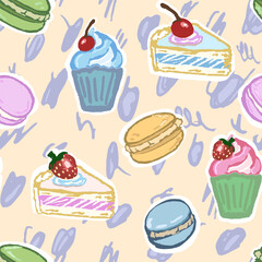 Sweet pattern with sweets, macaroons, and cupcakes. Hand draw, vector pattern with texture and interesting colors.