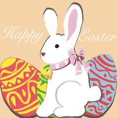 Happy Easter free hand illustration. Simple and nice. Bunny with a bell and ribbon. 