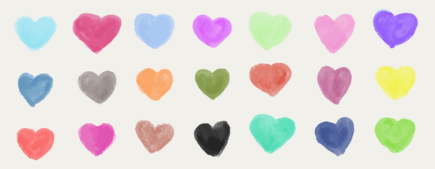Banner with colorful watercolor hearts, hand gemalt with texture. Vector, isolated.