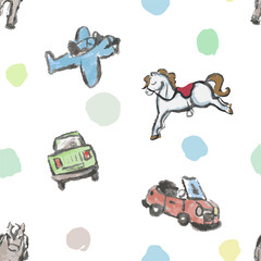 Pattern with toys, autos, horses and plane. Hand draw, watercolor. Vector, isolated. Pastel colors, simple and light.