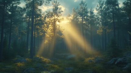 Fototapeta premium Sunbeams Illuminate Misty Forest Scene With Tall Trees