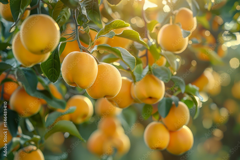 Poster golden fruit hanging on branches in a sunny orchard during late afternoon, creating a warm and invit