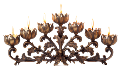 Traditional menorah with lit candles, isolated on white, cut out 