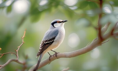 Obraz premium A small grey and white bird perches serenely on a tree branch, its dark eyes gazing into the distance.