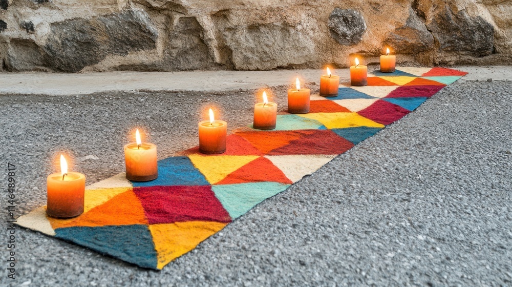 Poster Lit candles arranged on a colorful patchwork runner on a stone path.