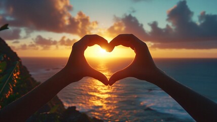 A Person's Hand is making Heart Shape with the sun shining background
