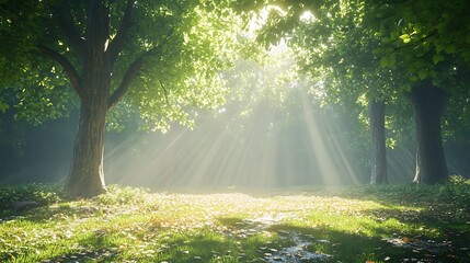 Obraz premium Bright sunbeams filter through towering trees, creating a natural mosaic of light and shadow on the forest floor, while vibrant green leaves sway gently in the breeze 