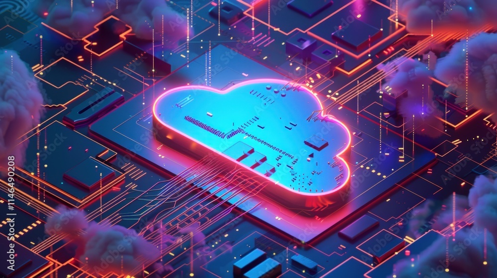 Poster neon cloud computing server, digital data storage, futuristic technology concept.