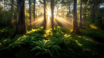 Obraz premium A serene forest scene where sunlight streams through the trees, casting long, soft shadows that weave across the carpet of fresh green leaves and ferns 