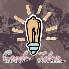 Light bulb hand draw with handwriting “Good idea”. Doodle with texture. Vector, isolated, retro style.