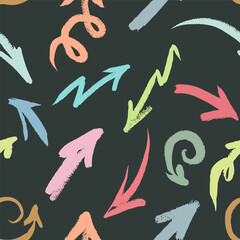 Pattern with pastel arrows and pastel black background. Vector, isolated. Hand draw with texture. Funny and interesting.